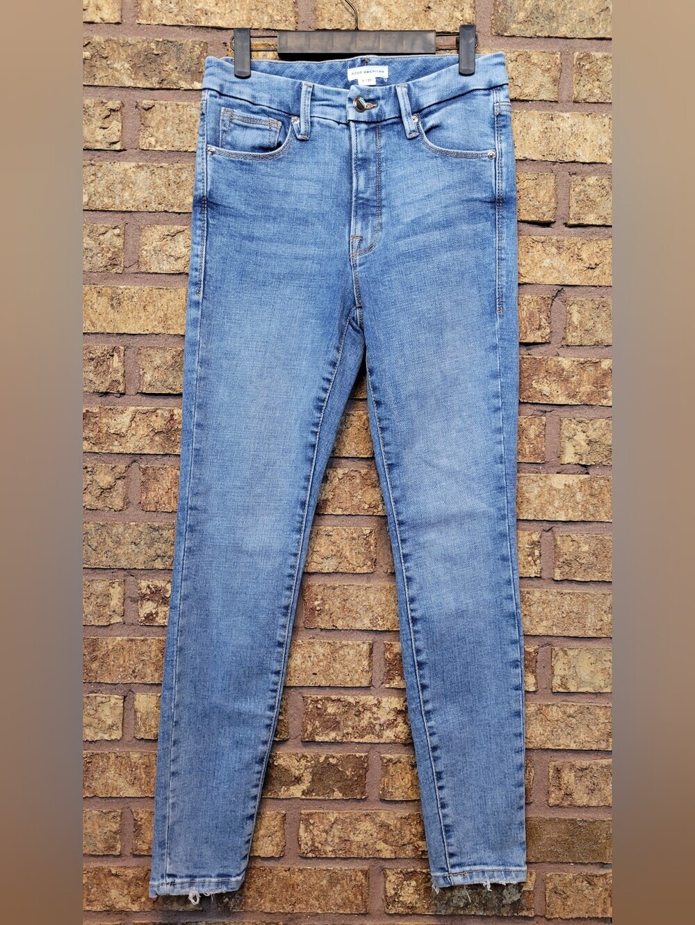 Good American Light Blue Skinny Jeans Distressed Hem Stretch Size 27